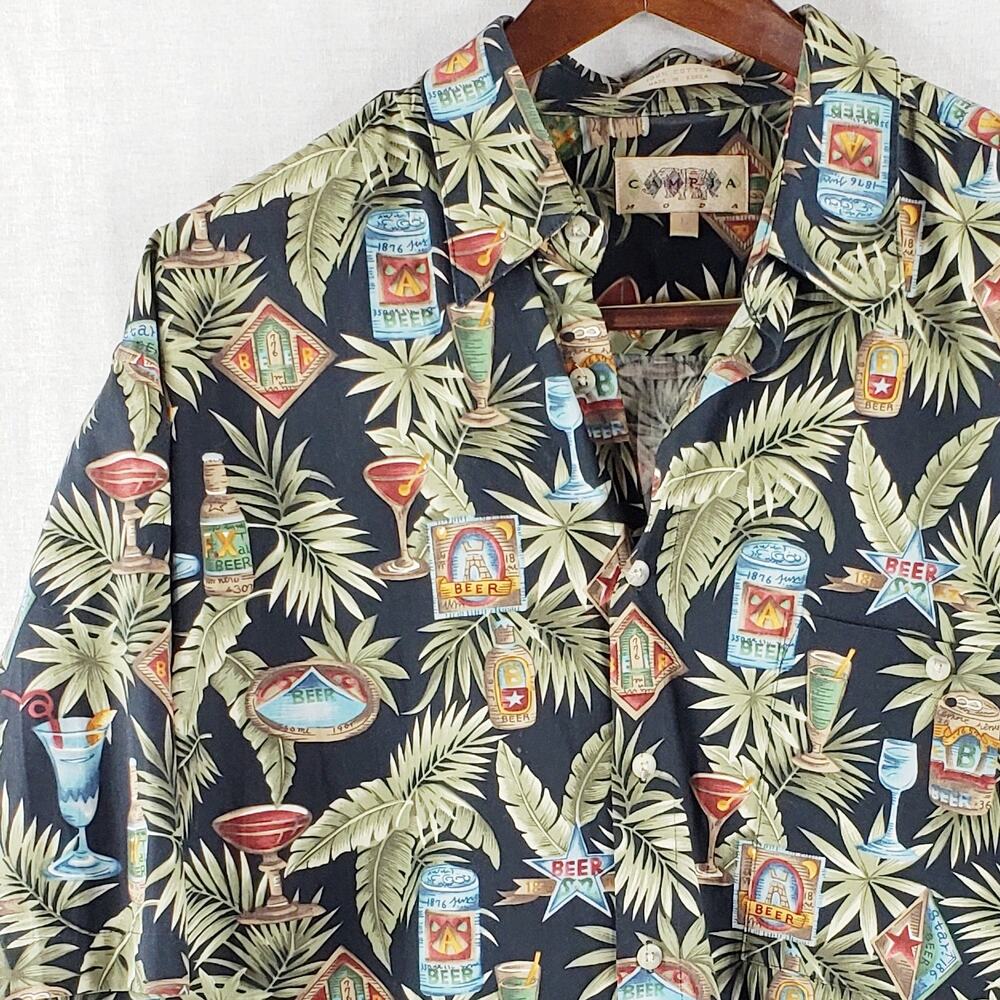 Campia Moda Hawaiian Shirt Men's L  Tropical Drinks Palms Beer Black Green EUC